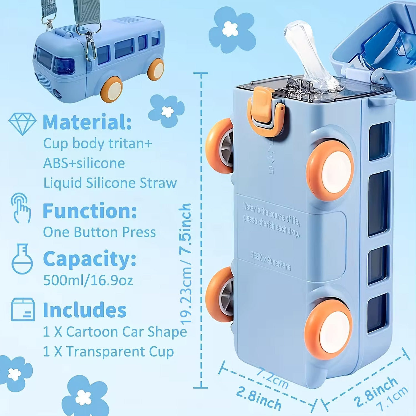 High Quality | BPA Free Super Cute Bus style Plastic Water Bottle for Kids | 500ml | Blue