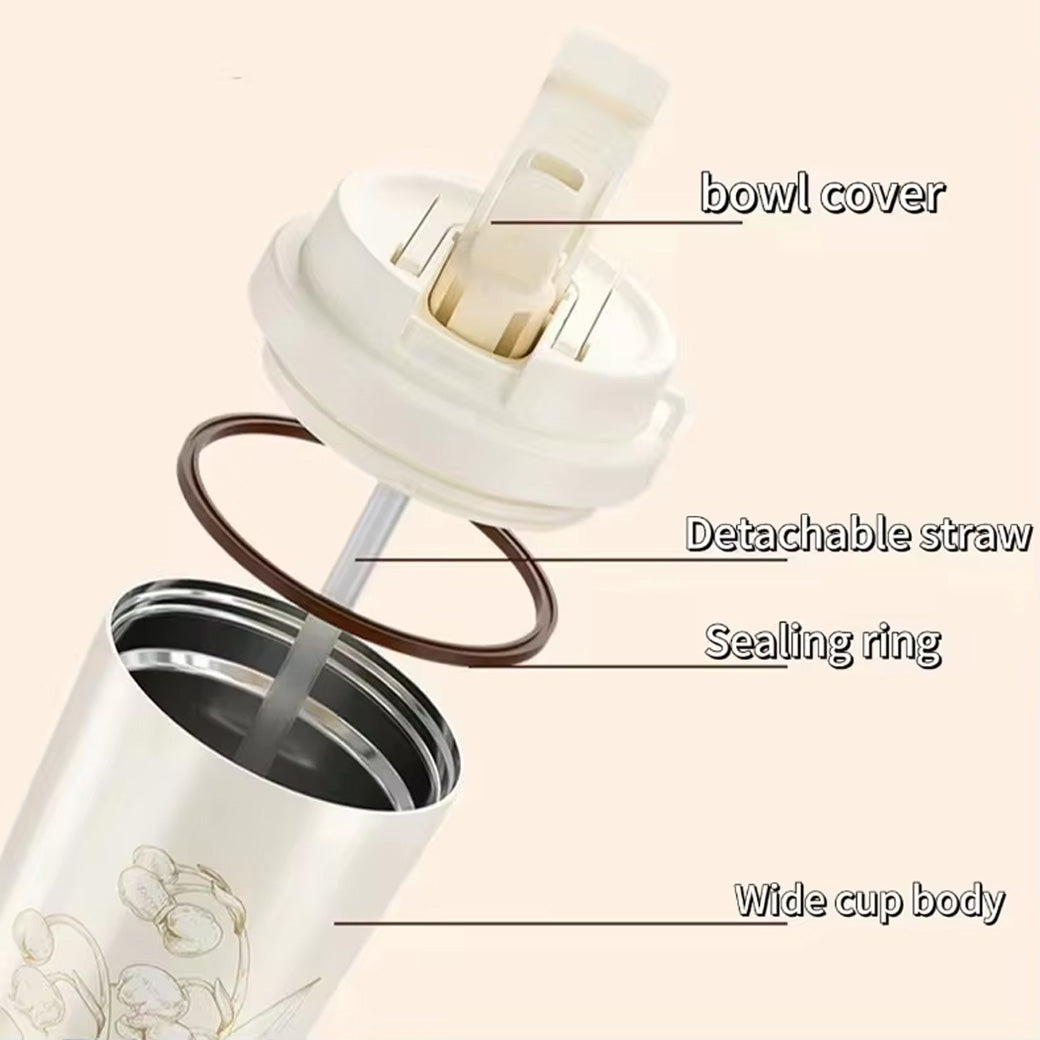 Premium Quality | Flower Print Double Wall Insulated Coffee Mug | Thermal Sipper with Straw | 500ml