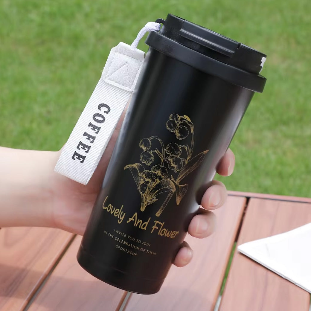 Premium Quality | Flower Print Double Wall Insulated Coffee Mug | Thermal Sipper with Straw | 500ml