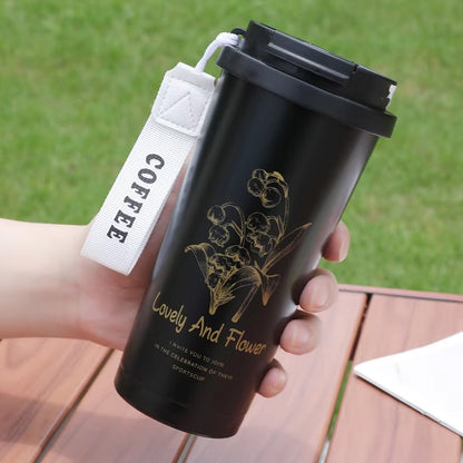 Premium Quality | Flower Print Double Wall Insulated Coffee Mug | Thermal Sipper with Straw | 500ml