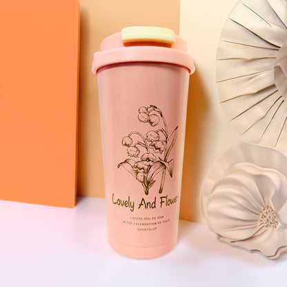 Premium Quality | Flower Print Double Wall Insulated Coffee Mug | Thermal Sipper with Straw | 500ml