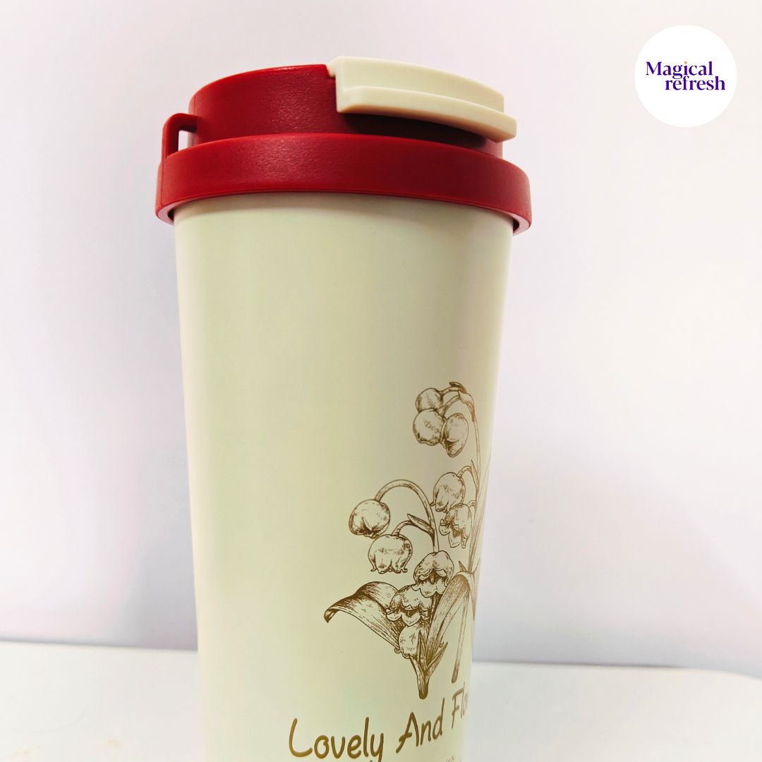 Premium Quality | Flower Print Double Wall Insulated Coffee Mug | Thermal Sipper with Straw | 500ml