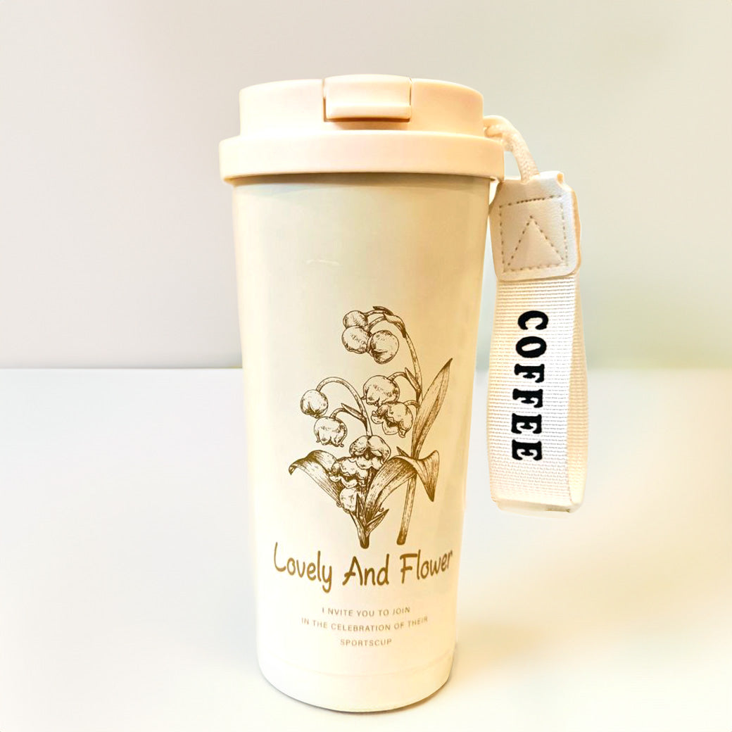 Premium Quality | Flower Print Double Wall Insulated Coffee Mug | Thermal Sipper with Straw | 500ml