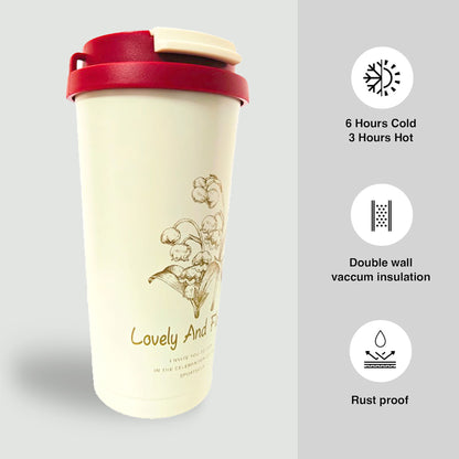 Premium Quality | Flower Print Double Wall Insulated Coffee Mug | Thermal Sipper with Straw | 500ml